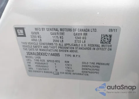 2012 Chevrolet Equinox 1Lt from USA, damaged, VIN 2GNALDEKXC1144085